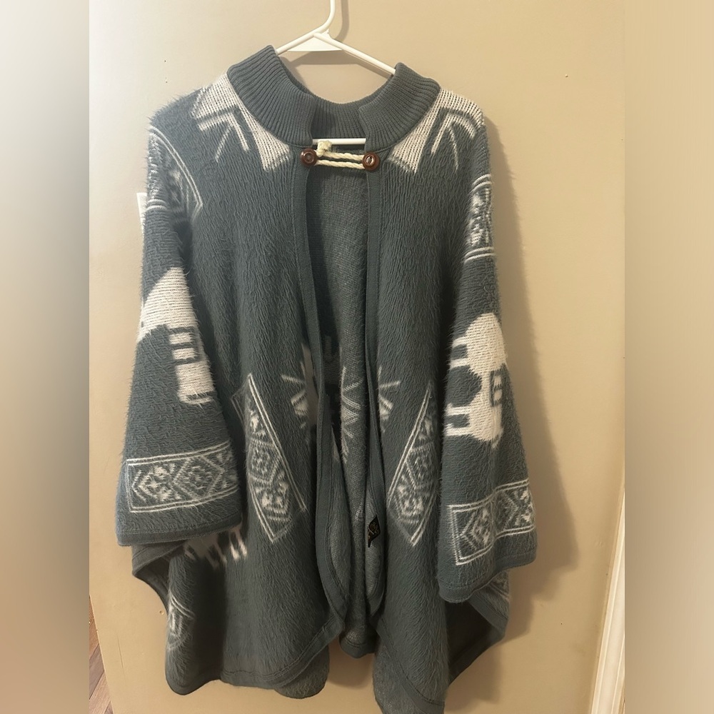 Tejidos Imalaya Gray Wool Poncho Cape Vintage llama alpaca blue and white